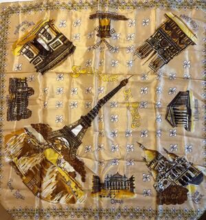 Silky Scarf Souvenir de Paris square tourist sites travel collectible tan gold